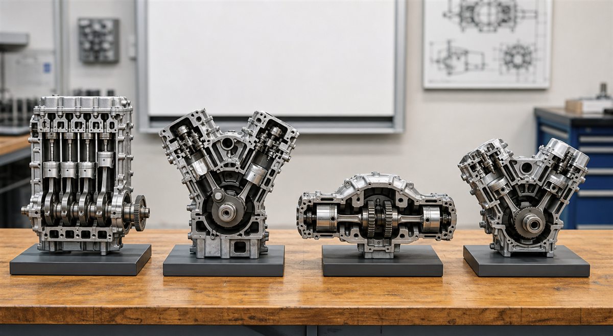 Recreación fotográfica de cuatro modelos didácticos que representan diferentes configuraciones de cilindros