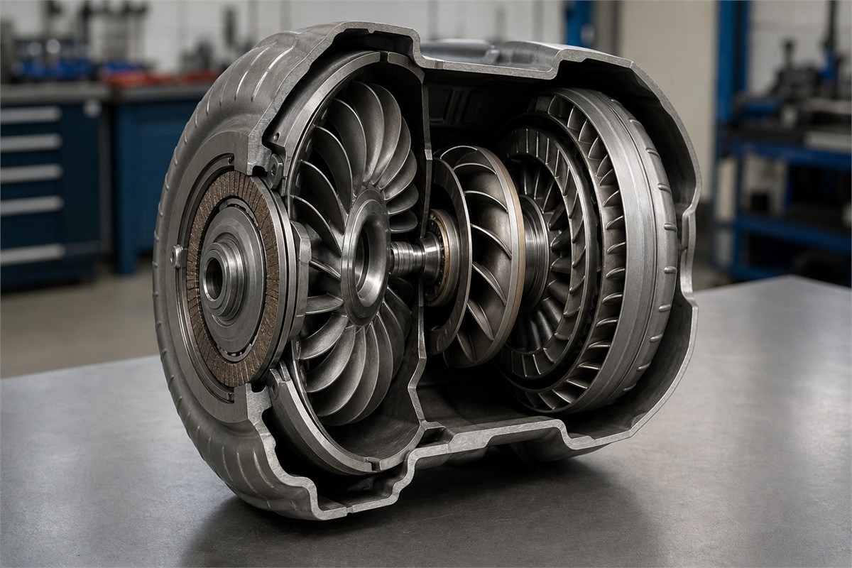 Recreación fotográfica de un convertidor de par seccionado con bomba, turbina y estátor visibles