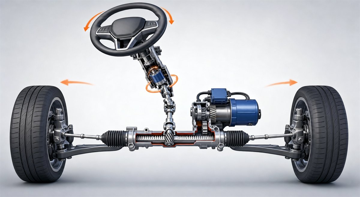 Ilustración técnica de dirección eléctrica EPS con volante, columna, sensor de par, motor, piñón, cremallera, bieletas y ruedas