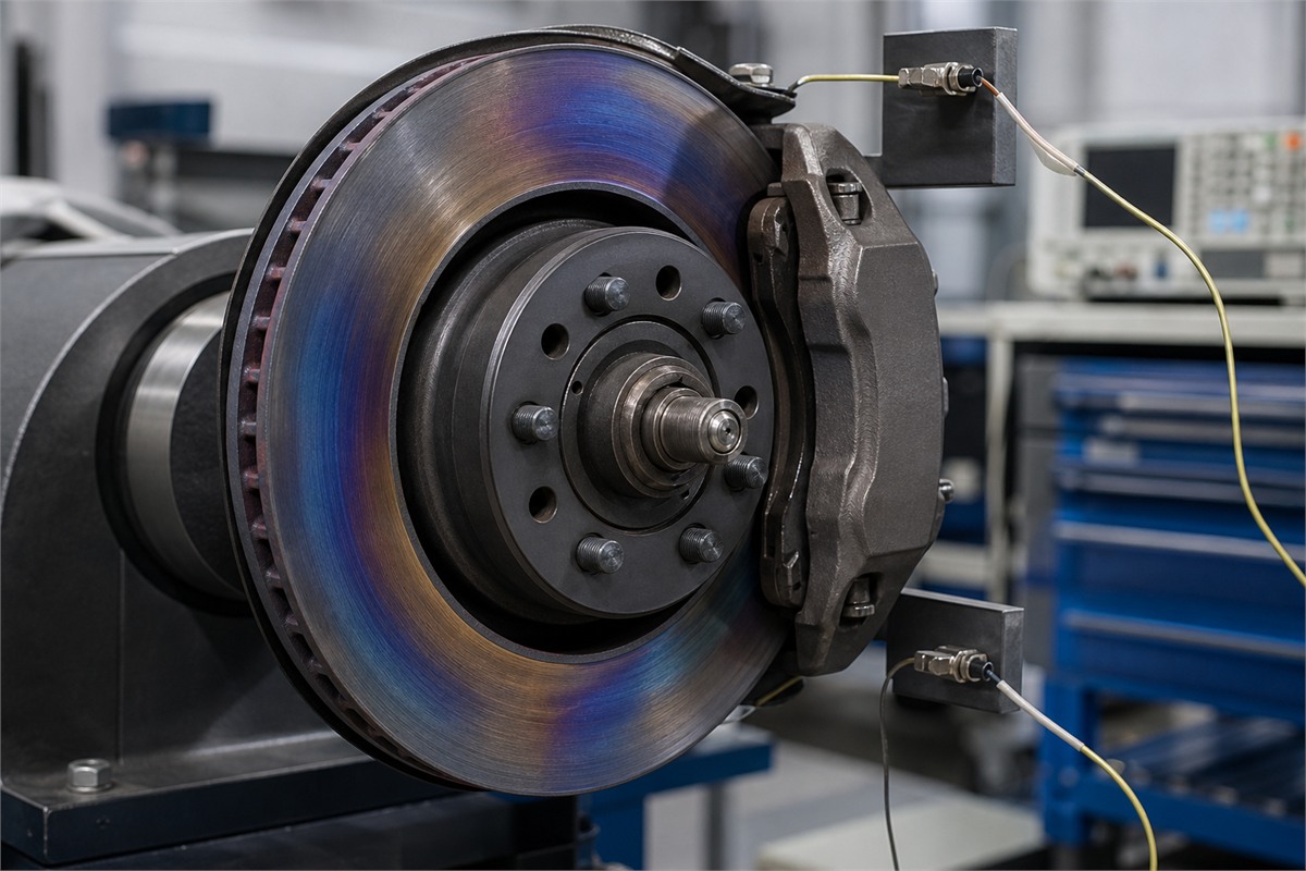 Recreación fotográfica de un disco ventilado sometido a ensayo térmico con coloración por temperatura y sensores