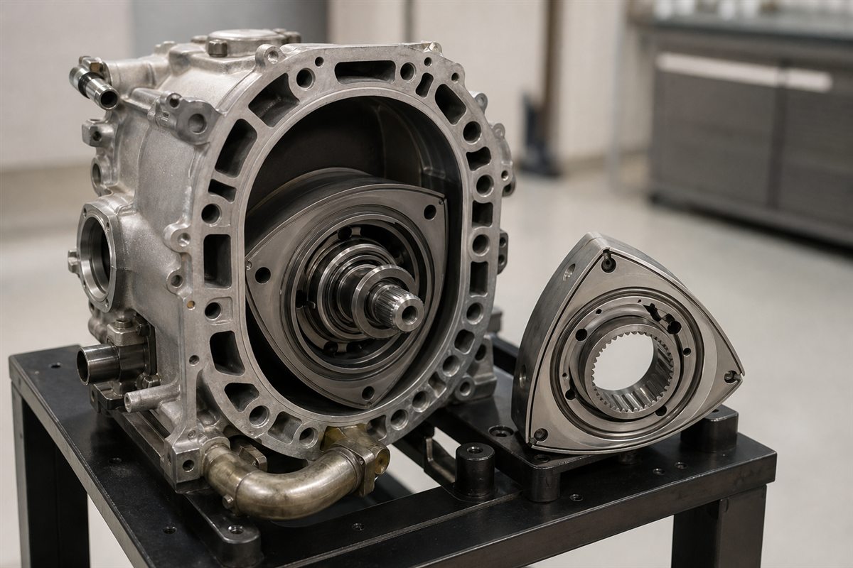 Recreación fotográfica de una carcasa de motor rotativo y un rotor triangular expuestos en un banco técnico