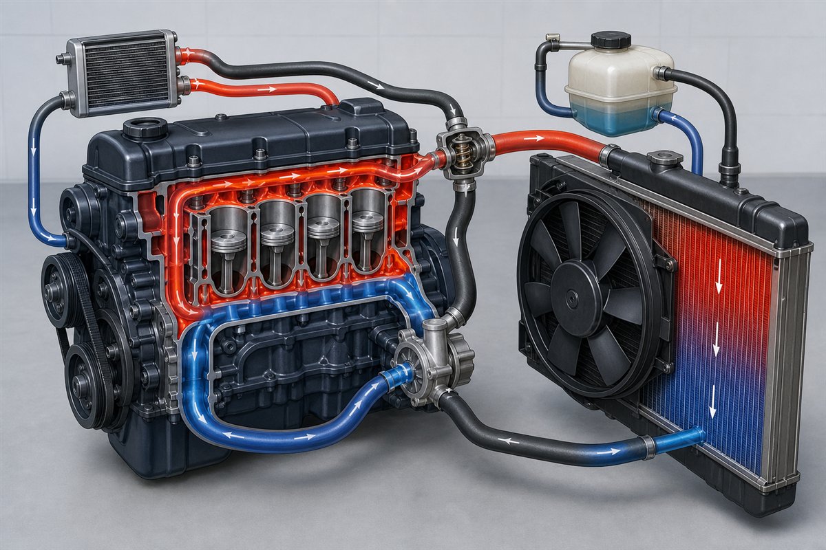 Ilustración didáctica del circuito de refrigeración con motor, termostato, bomba, radiador, ventilador y vaso de expansión