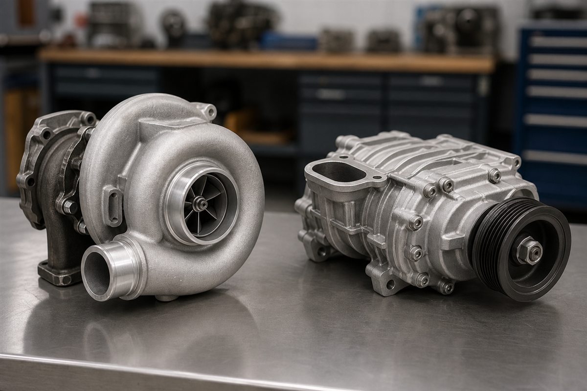 Recreación fotográfica de un turbocompresor y un compresor mecánico colocados juntos sobre un banco de taller