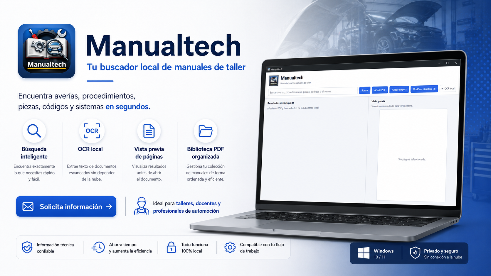 ManualTech, buscador local de manuales de taller con búsqueda inteligente, OCR local, vista previa de páginas y biblioteca PDF organizada